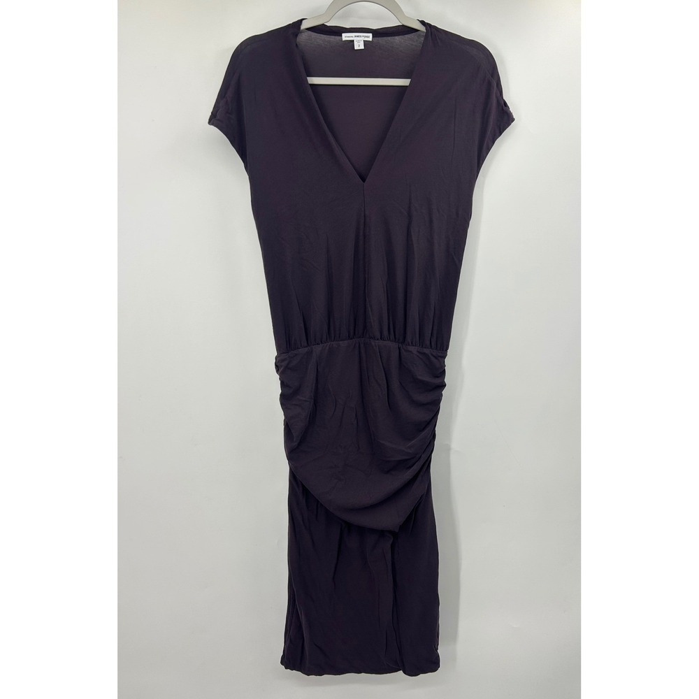 James Perse Standard Plum Purple Ruched V-Neck Midi Dress Size Medium